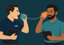 Sales rep and homeowner talking on cup-phones