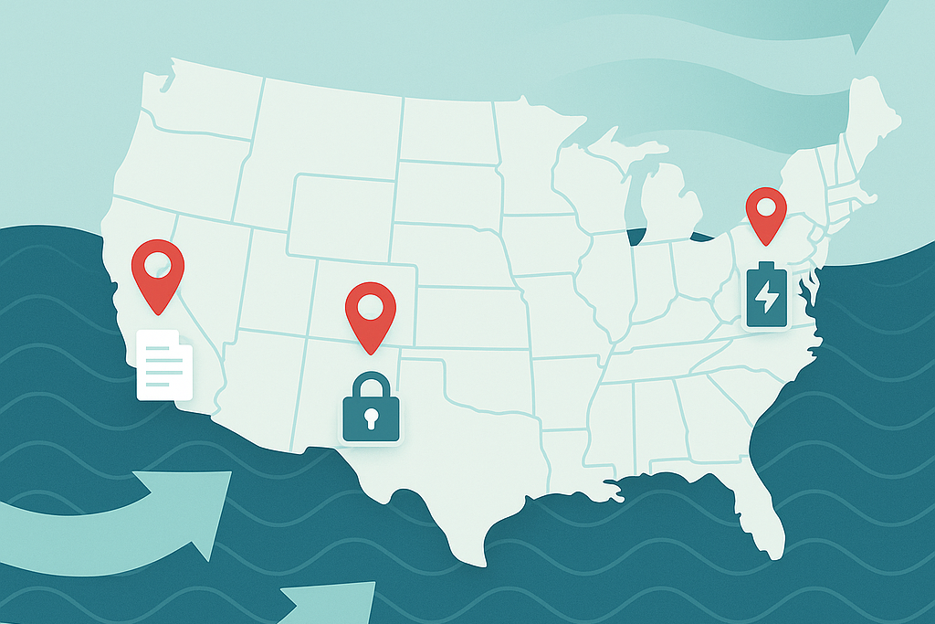 USA map with red pins on key states.