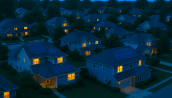 A twilight aerial view of a suburban neighborhood with warm lights glowing from the windows of homes. Several rooftops feature subtle solar panels, and the scene feels calm, safe, and inviting under the soft blue evening sky.